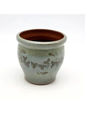 Eldreth Pottery Vase Redware Green Floral Toleware 2004 Vintage Crock Primitive